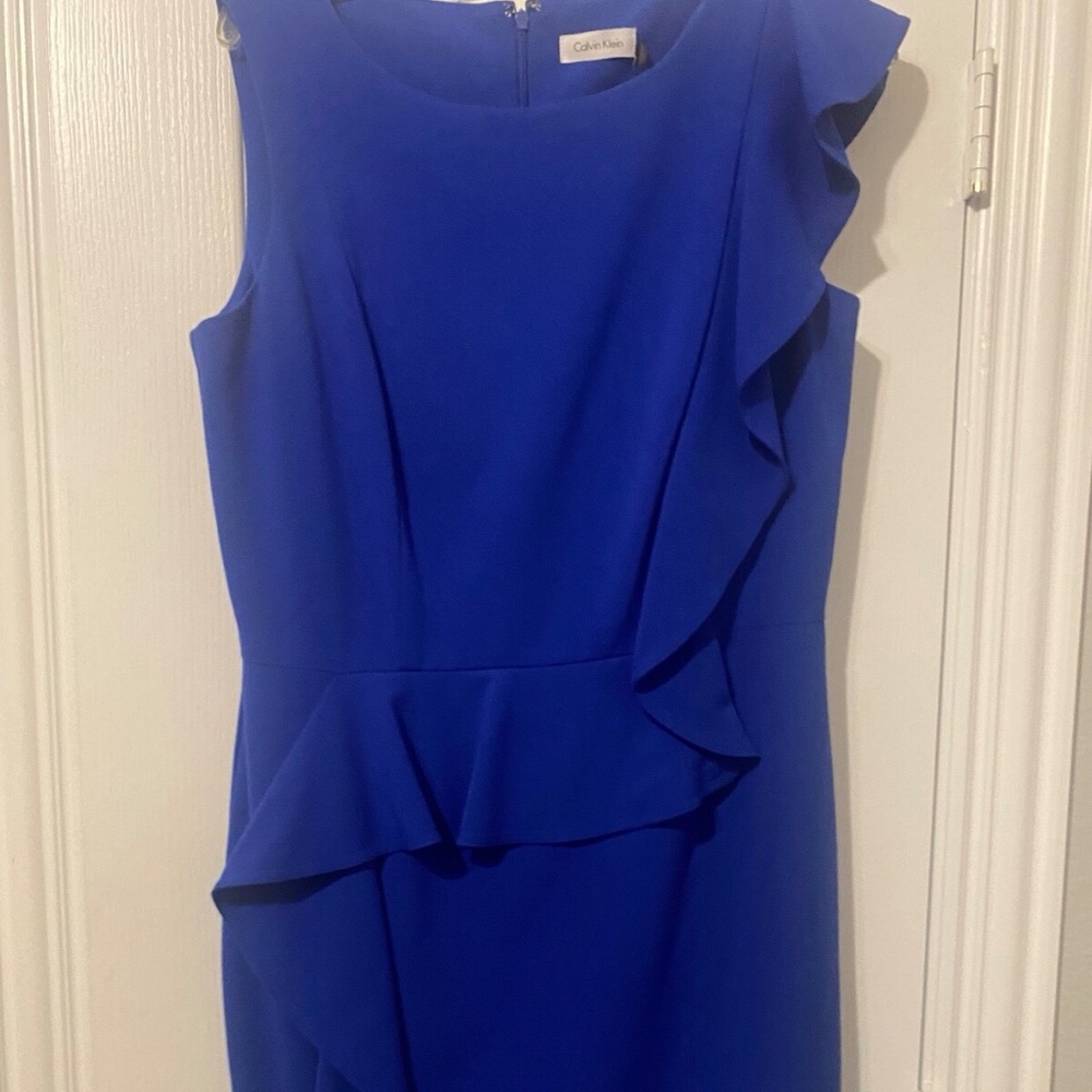 CALVIN KLEIN ASSYMETRICAL SLEEVES RUFFLES LINED DRESS SZ 12 REDUCED